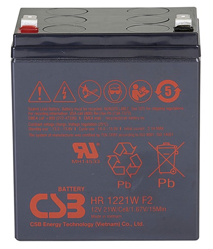 Batería AGM para UPS / CSB HR1221W F2 | 2608 – CSB HR1221W F2 AGM es una Batería VRLA-AGM de 12V optimizada para sistemas de UPS de alta tasa de descarga. Capacidad nominal: 21W a 15 min, Tecnología: AGM libre de mantenimiento, Corriente de carga 2.1A