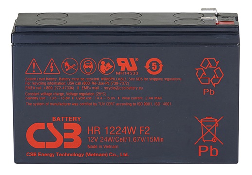 Batería AGM para UPS / CSB HR1224W F2-F1 | 2608 – CSB HR1224W F2/F1 AGM Batería VRLA-AGM de 12V optimizada para sistemas de UPS de alta tasa de descarga. Capacidad nominal 24W a 15 min, Tecnología AGM libre de mantenimiento, Corriente de carga: 2.4A
