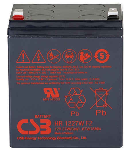 Batería AGM para UPS / CSB HR1227W F2 AGM | 2608 – CSB HR1227W F2 AGM Batería VRLA-AGM de 12V, optimizada para aplicaciones UPS de alta tasa de descarga. Capacidad nominal: 27W a 15 min, Tecnología: AGM libre de mantenimiento, Corriente de carga 2.7A