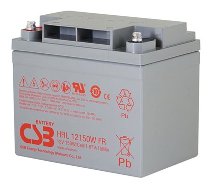 Batería AGM para UPS / CSB HRL12150WG FR | 2608 – CSB HRL12150WG FR Batería VRLA-AGM de 12V optimizada para sistemas de UPS de alta tasa de descarga. Capacidad nominal: 150W a 15 min, Tecnología: AGM libre de mantenimiento, Vida útil Hasta 10 años
