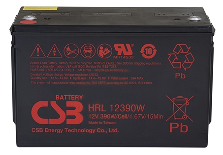 Batería AGM para UPS / CSB HRL12390W | 2608 – CSB HRL12390W AGM es una batería VRLA-AGM de 12V optimizada para sistemas de UPS de alta tasa de descarga. Capacidad nominal 390W a 15 min, Tecnología AGM libre de mantenimiento, Vida útil: Hasta 10 años