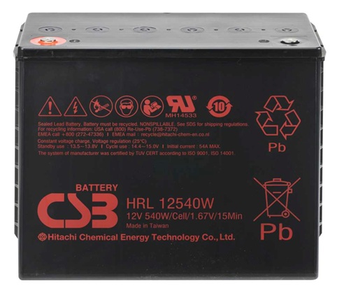 Batería AGM para UPS / CSB HRL12540W | 2608 – CSB HRL12540W AGM es una batería VRLA-AGM de 12V optimizada para sistemas de UPS de alta tasa de descarga. Capacidad nominal: 540W a 15 min, AGM libre de mantenimiento, Tecnología de placas ultradelgadas