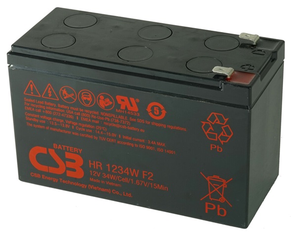 Batería AGM para UPS / CSB HR 1234W F2 | 2608 – CSB HR 1234W F2 AGM Batería de 12V optimizada para aplicaciones UPS de alta tasa de descarga. Capacidad nominal: 34W a 15 min, Tecnología: AGM libre de mantenimiento, Corriente máxima de carga: 3.4A