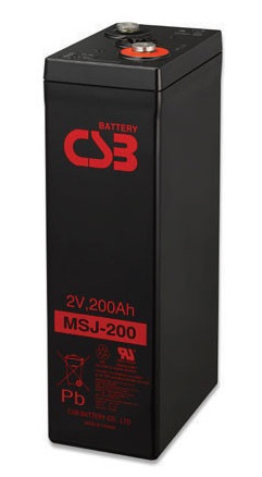 Batería AGM estacionaria / CSB MSJ-200 | 2608 – CSB MSJ-200 es una batería VRLA-AGM de 2V optimizada para aplicaciones de energía estacionaria como telecomunicaciones y sistemas de respaldo en servicio de flotación. Capacidad nominal: 200 Ah a 10h