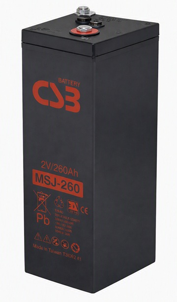 Batería AGM estacionaria / CSB MSJ-260 | 2608 – CSB MSJ-260 es una batería VRLA-AGM de 2V optimizada para aplicaciones de energía estacionaria como telecomunicaciones y sistemas de respaldo en servicio de flotación. Capacidad nominal: 260 Ah a 10h