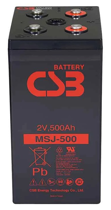 Batería AGM estacionaria / CSB MSJ-500 | 2608 – CSB MSJ-500 es una batería VRLA-AGM de 2V optimizada para aplicaciones de energía estacionaria como telecomunicaciones y sistemas de respaldo en servicio de flotación. Capacidad nominal: 500 Ah a 10h