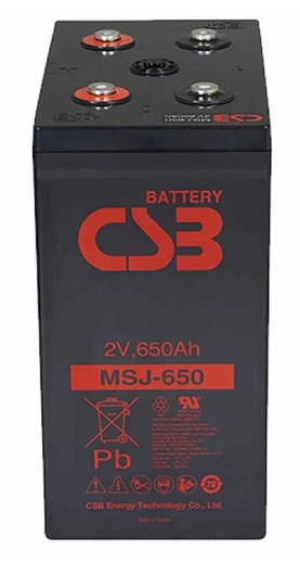Batería AGM estacionaria / CSB MSJ-650 | 2608 – CSB MSJ-650 es una batería VRLA-AGM de 2V optimizada para aplicaciones de energía estacionaria como telecomunicaciones y sistemas de respaldo en servicio de flotación. Capacidad nominal: 650 Ah a 10h