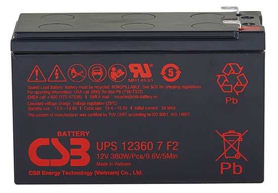 Batería AGM para UPS / CSB UPS 12360 7 F2 | 2608 – CSB UPS123607 F2 AGM es una batería 12V optimizada para sistemas de UPS de alta tasa de descarga. Capacidad nominal: 360W a 5 min, Tecnología: AGM libre de mantenimiento, Corriente máxima de carga: 3A