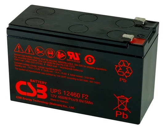 Batería AGM para UPS / CSB UPS 12460 F2 | 2608 – CSB UPS 12460 F2 es una batería VRLA-AGM de 12V optimizada para sistemas de UPS de alta tasa de descarga. Capacidad nominal: 460W a 5-min, Tecnología: AGM libre de mantenimiento, Corriente de carga: 3.8A