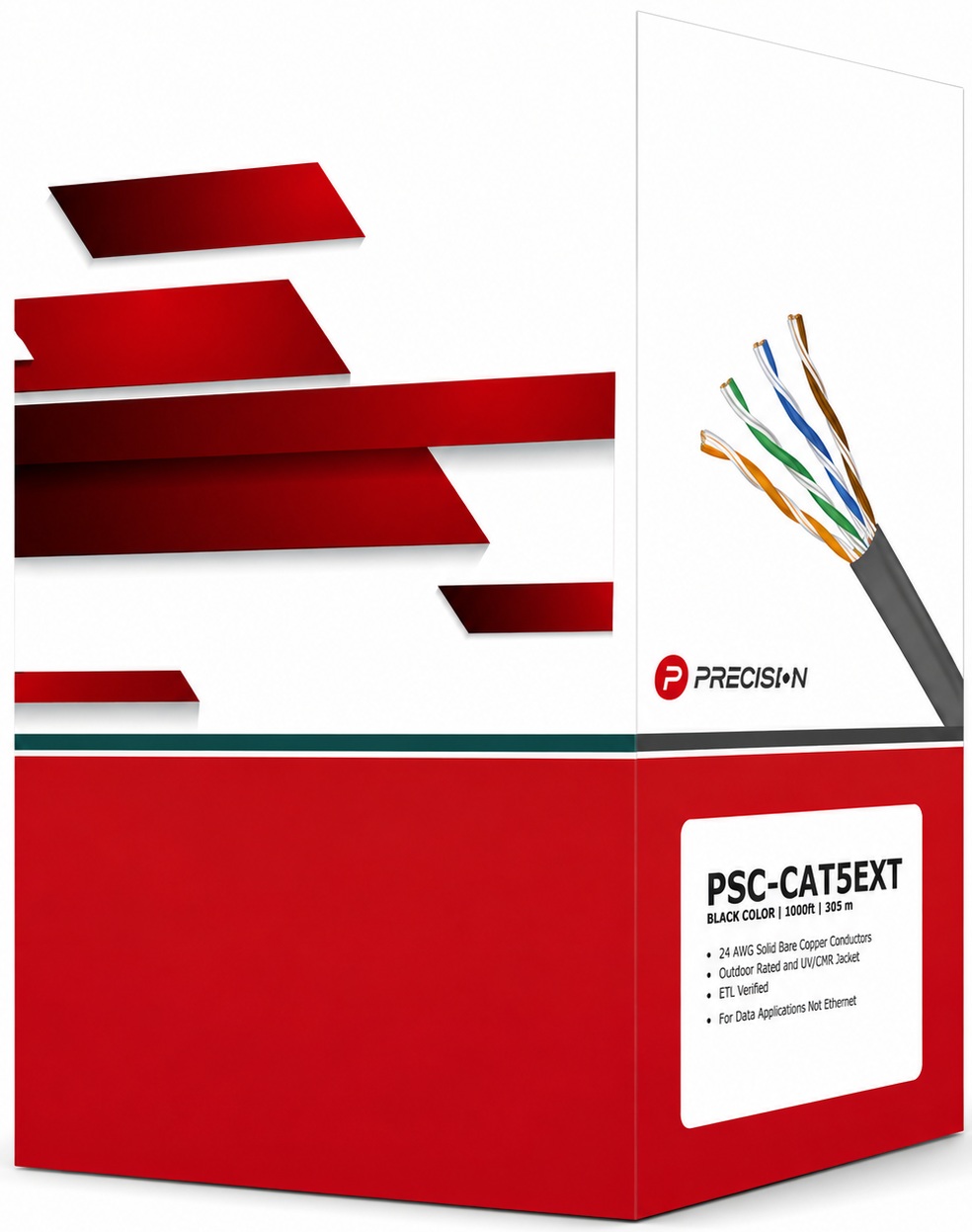 Precision PSC-CAT5EXT / Cable UTP Cat-5e Cobre | 2604 – Precision PSC-CAT5EXT es un cable de red diseñado para aplicaciones de videovigilancia, voz y datos en exteriores, conductor 100% cobre, calibre 24 AWG, aislamiento de polietileno de alta densidad