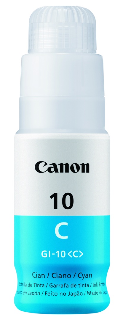 Tinta Canon GI-10C / Cian - 70 ml | 2607 – Canon GI-10C 3391C001AB es una botella de tinta original diseñada con tecnología de inyección de tinta a base de colorante cian para proporcionar impresiones cromáticas nítidas, fluidas y de alta definición.