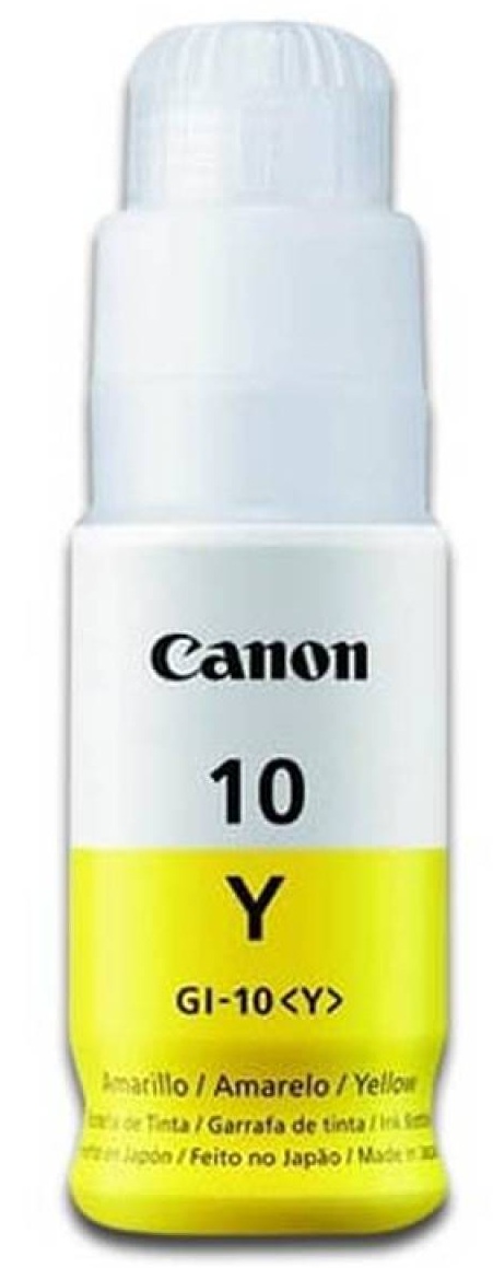 Tinta Canon GI-10Y / Amarillo - 70 ml | 2607 – Canon GI-10Y 3393C001AB Botella de tinta original diseñada con tecnología de inyección de tinta a base de colorante amarillo para proporcionar impresiones cromáticas nítidas, fluidas y de alta definición