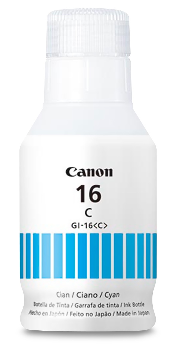 Tinta Canon GI-16C / Cian - 132 ml | 2607 – Canon GI-16C 4418C001AA Botella de tinta original diseñada con tecnología de inyección de tinta a base de pigmento cian para proporcionar impresiones comerciales nítidas, duraderas y de alta definición.
