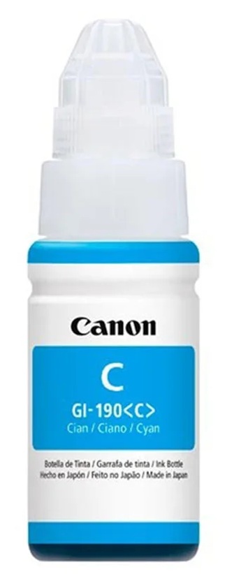 Tinta Canon GI-190C / Cian - 70 ml | 2607 – Canon GI-190C 0668C001AC Botella de tinta original diseñada con tecnología inyección de tinta a base de colorante (Dye-based) para proporcionar impresiones cromáticas nítidas, fluidas y de alta definición