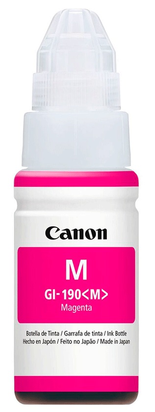 Tinta Canon GI-190M / Magenta - 70 ml | 2607 – Canon GI-190M 0669C001AC Botella de tinta original diseñada con tecnología inyección de tinta a base de colorante (Dye-based) para proporcionar impresiones cromáticas nítidas, fluidas y de alta definición