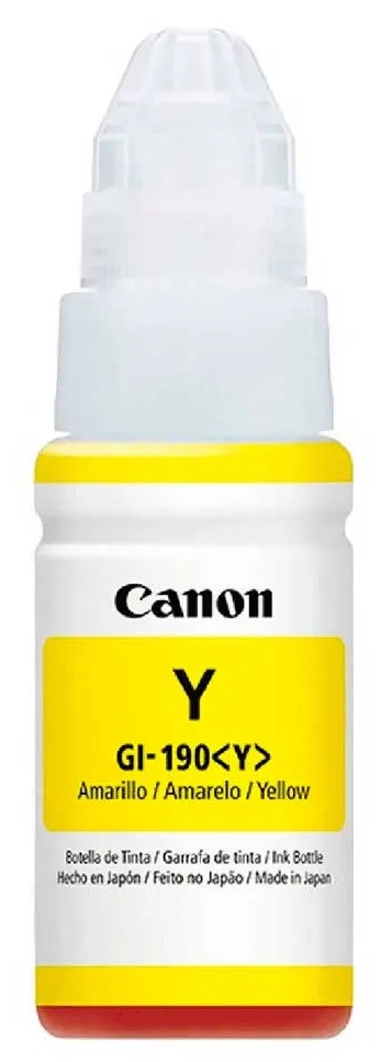 Tinta Canon GI-190Y / Amarillo - 70 ml | 2607 – Canon GI-190Y 0670C001AC Botella de tinta original diseñada con tecnología inyección de tinta a base de colorante (Dye-based) para proporcionar impresiones cromáticas nítidas, fluidas y de alta definición