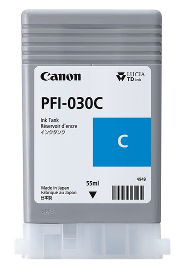 Tinta Canon PFI-030C / Cian - 55 ml | 2607 – Canon PFI-030C 3490C001AA es un tanque de tinta original diseñado con tecnología de inyección de tinta a base de pigmento cian para proporcionar líneas de alta precisión y gráficos definidos en planos