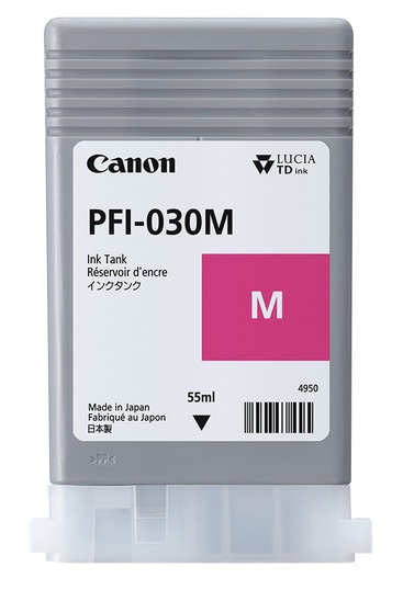 Tinta Canon PFI-030M / Magenta - 55 ml | 2607 – Canon PFI-030M 3491C001AA Tanque de tinta original diseñado con tecnología de inyección de tinta a base de pigmento magenta para proporcionar líneas de alta precisión y gráficos definidos en planos