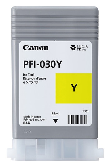 Tinta Canon PFI-030Y / Amarillo - 55 ml | 2607 – Canon PFI-030Y 3492C001AA Tanque de tinta original diseñado con tecnología de inyección de tinta a base de pigmento amarillo para proporcionar líneas de alta precisión y gráficos definidos en planos