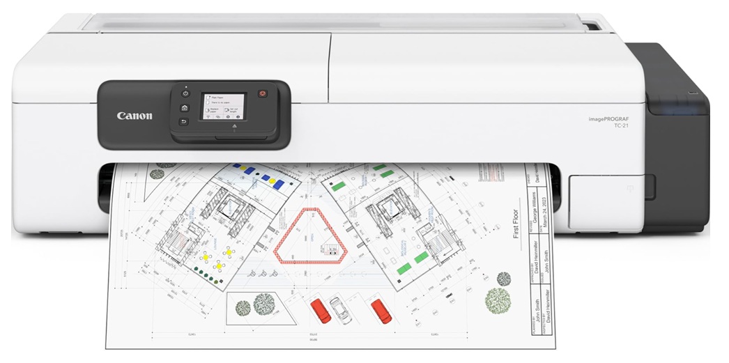 Plotter 24” Color / Canon imagePROGRAF TC-21 | 2607 – Canon TC-21 es un Plotter de 24'' diseñado para impresión CAD, pósteres y gráficos de inyección de tinta pigmentada de 4 colores. Resolución 2400 × 1200 dpi, Método de impresión: Bubblejet 