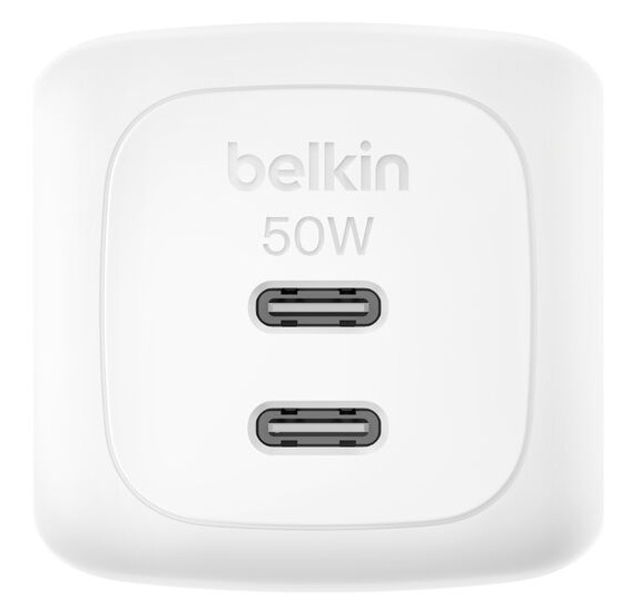 Belkin WCH019dqWH / Cargador Dual Port 50W | 2604 – Belkin WCH019dqWH es un cargador de pared dual diseñado para suministrar energía rápida a dispositivos móviles mediante tecnología USB-C PD 3.1. Cuenta con dos puertos USB-C que entregan 50W en total