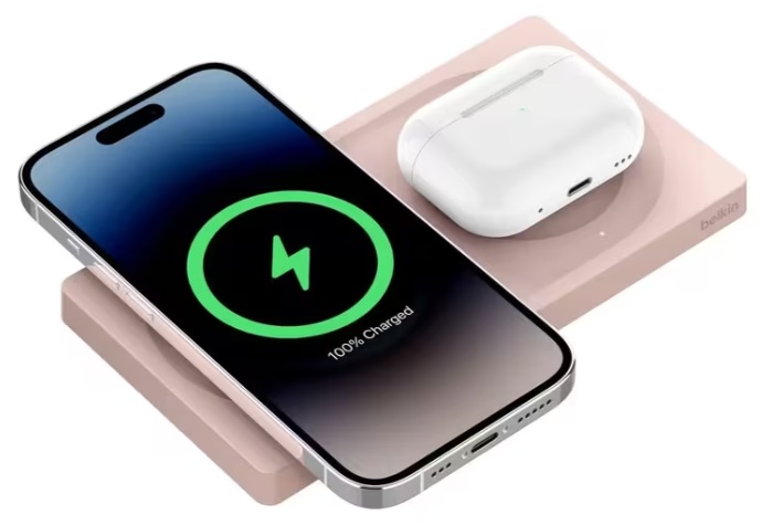 Cargador Inalámbrico de 15W / Belkin WIZ019TTPK | 2604 – Belkin WIZ019TTPK es un cargador dual diseñado para alimentar simultáneamente un iPhone y unos AirPods. Utiliza tecnología MagSafe oficial para suministrar hasta 15W de carga rápida