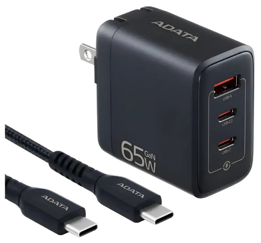 Cargador con cable USB-C 65W / ADATA CHU-0653 | 2605 – ADATA CHU-0653-QCPDBK-CCU2-200 es un cargador de pared diseñado para la alimentación de dispositivos electrónicos mediante tecnología GaN, potencia máxima de 65W, integra dos puertos de salida