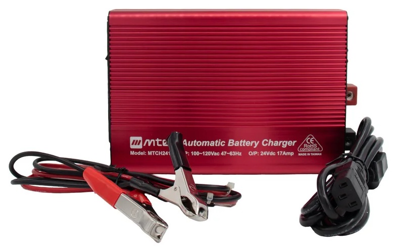 MTEK MTCH-2417D / Cargador de Baterías 24V-17A | 2606 – MTEK MTCH-2417D es un cargador diseñado para baterías de 24V. Ofrece una corriente de carga de 17A y consume una potencia de 510VA. Funciona mediante un sistema Monofásico. Incluye cables de conexión