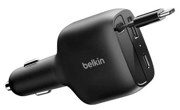 Cargador de vehículo de 75W + Cable / Belkin CCC001fqBK | 2604 – Belkin CCC001fqBK es un cargador de coche retráctil diseñado para alimentar hasta tres dispositivos simultáneamente en vehículos. Potencia total de 75W, cable USB-C retráctil de 75cm