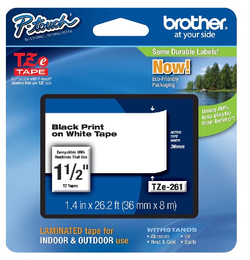 Cinta para Rotuladoras/Etiquetadoras - Brother TZe261 | 2500 - Cinta Laminada Brother TZe-261 para uso con Rotuladoras/Etiquetadoras que tengan el logotipo TZ y TZe. Texto negro sobre fondo blanco, Ancho de 36mm x Longitud 8mts.