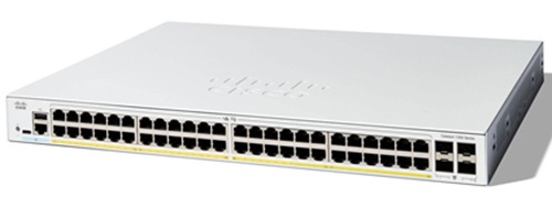 Switch 48-Puertos PoE / Cisco Catalyst C1300-48P-4G | 2609 - Cisco Catalyst C1300-48P-4G es un switch administrable de acceso, Puertos de acceso: 48× 10/100/1000 RJ45 PoE+, Uplinks: 4× 1G SFP, Potencia PoE por puerto: Hasta 30W, Presupuesto PoE: 375W