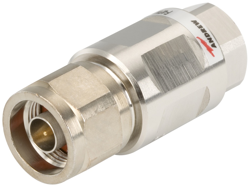 Conector N Macho / Andrew F4PNMV2-HC | 2603 - Commscope F4PNMV2-HC es un conector tipo N Macho de alta precisión para cable coaxial Superflexible FSJ4-50B de media pulgada. Pin central cautivo y un cuerpo de latón con acabado trimetal