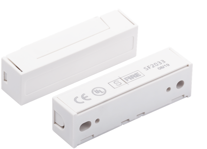 Contacto Magnético / SFIRE SF-2033 | 2507 - Contacto magnético para instalación empotrada en puertas y ventanas, Cable calibre 18, Separación entre orificios: 38 mm, Dimensiones switch: 50 x 14 x 12 mm, Dimensiones de Imán: 50 x 14 x 12 mm, GAP: 30 mm