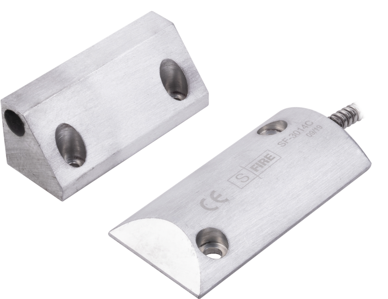 Contacto Magnético / SFIRE SF-3014-C | 2507 - Contacto magnético de uso rudo diseñado para instalación en piso, Cable: 55 cm calibre 22, Separación entre orificios: 88 mm, Dimensiones: 89 x 26 x 12 mm, Dimensiones de Imán: 73 x 30 x 30 mm, GAP: 65 mm