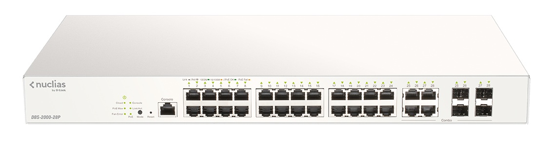 D-Link DBS-2000-28 / Switch 24-Port | 2606 – D-Link DBS-2000-28 es un switch diseñado para redes empresariales con gestion en la nube, capacidad de conmutacion de 56 Gbps, velocidad maxima de envio de 41.7 Mpps, CPU de 500 MHz, memoria RAM de 256MB