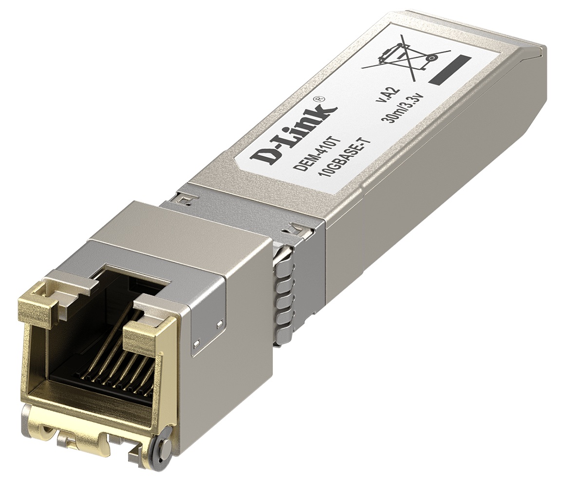 Transceptor SFP+ 10G Cobre / D-Link DEM-410T | 2606 – D-Link DEM-410T es un transceptor diseñado para redes de alta velocidad con interfaz RJ-45 de cobre, velocidad de transferencia 10 Gbps, voltaje de alimentación 3.3V, corriente de entrada 780mA