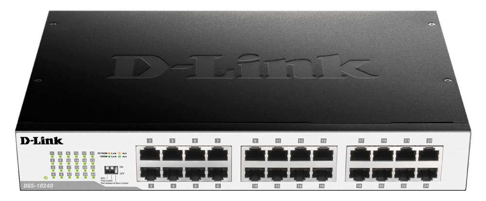 Switch 24-Port / D-Link DGS-1024D | 2606 – D-Link DGS-1024D es un switch diseñado para pequeñas y medianas empresas con capacidad de conmutacion de 48 Gbps, tasa de reenvio de 35.712 Mpps, tabla de direcciones MAC de 8K entradas, memoria bufer 512Kb 