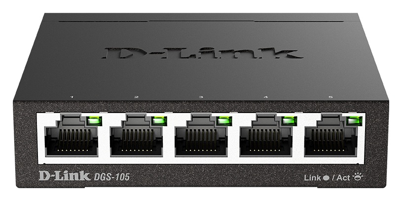 Switch 5-Port / D-Link DGS-105 | 2606 – D-Link DGS-105 es un switch diseñado para redes empresariales con capacidad de conmutacion de 10 Gbps, tasa de reenvio de 1.488 Mpps, tabla de direcciones MAC de 2K entradas, memoria bufer de paquetes de 128 KB