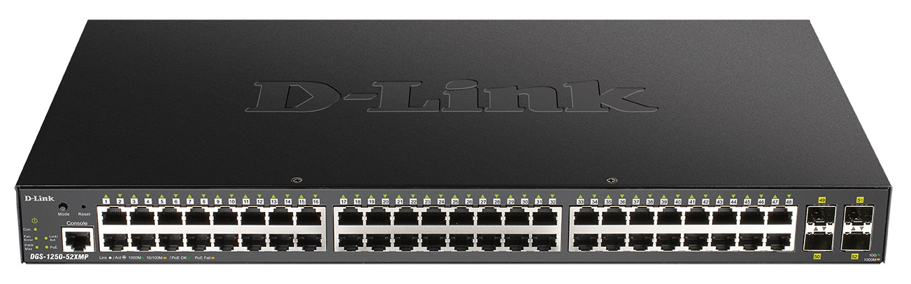 Switch 48-Port / D-Link DGS-1250-52X | 2606 – D-Link DGS-1250-52X es un switch diseñado para acceso empresarial y agregación en pequeñas empresas con capacidad de conmutacion de 176 Gbps, tasa de reenvio de 130.95 Mpps, tabla de direcciones MAC de 32K