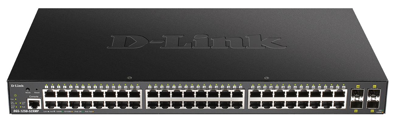 Switch 48-Port PoE+ 370W / D-Link DGS-1250-52XMP | 2606 – D-Link DGS-1250-52XMP es un switch diseñado para redes empresariales y provee Operación en Capa 2 con Funciones Capa 3 Lite, Soporte de PoE e IEEE 802.3at PoE+, 48 Puertos 10/100/1000BASE-T PoE