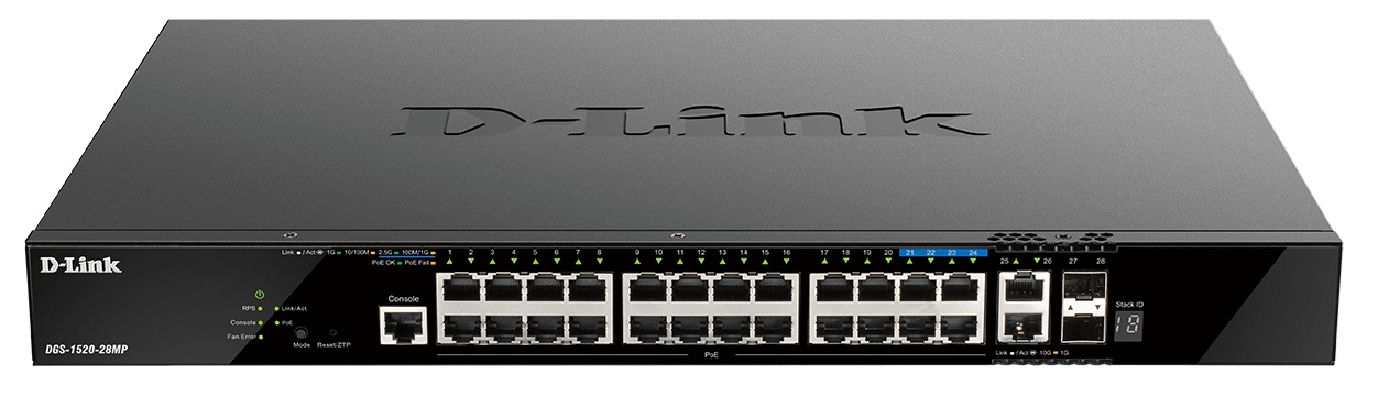 Switch 24-Port PoE+ 370W / D-Link DGS-1520-28MP | 2606 – D-Link DGS-1520-28MP es un switch diseñado para redes empresariales y provee 20 Puertos 10/100/1000BASE-T PoE+, Cuatro Puertos 2.5GBASE-T PoE+, Dos Puertos 10GBASE-T, Cuatro Puertos 10G SFP+