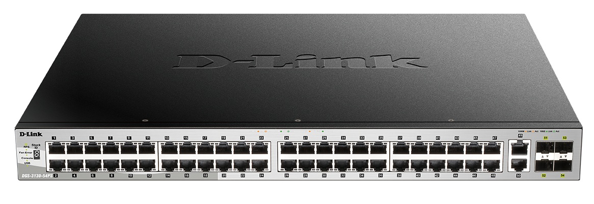 Switch 48-Port PoE+ 370W / D-Link DGS-3130-54PS | 2606 – D-Link DGS-3130-54PS es un switch diseñado para redes empresariales y provee 48 Puertos 10/100/1000BASE-T PoE, Dos Puertos 10GBASE-T, 4-Puertos 10G SFP+, Conmutación 216 Gbps, Reenvio 161 Mpps