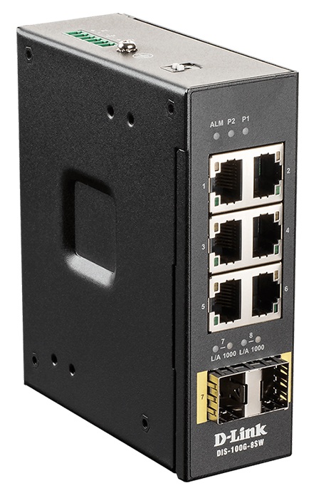 Switch 6-Ports Industrial / D-Link DIS-100G-8SW | 2606 – D-Link DIS-100G-8SW es un switch diseñado para entornos industriales y provee Operación No Administrable en Capa 2, Sin Soporte de PoE, Seis Puertos 10/100/1000BASE-T, Dos Puertos 1000M SFP