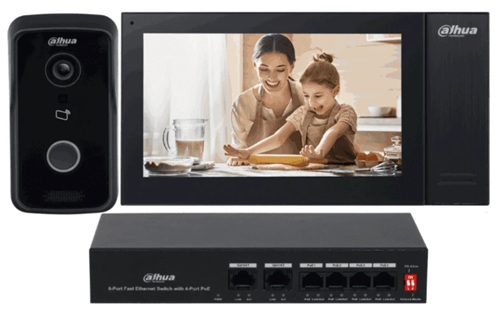 Kit de videoportero IP / Dahua DHI-KTP02 | 2610 – Dahua DHI-KTP02 Kit de videoportero IP con Estación exterior DHI-VTO2111D-P-S3, Monitor interior DHI-VTH2421FB-P y Switch PoE DH-PFS3006-4ET-36, Cámara exterior CMOS de 2 MP, Compresión H.264/H.265