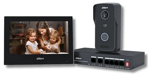 Kit de videoportero IP / Dahua DHI-KTP03 | 2610 – Dahua DHI-KTP03 es un kit de videoportero IP con Estación exterior DHI-VTO2111D-P-S3, Monitor interior DHI-VTH2621G-P y Switch PoE DH-PFS3006-4ET-36, Cámara CMOS 2MP con visión nocturna infrarroja