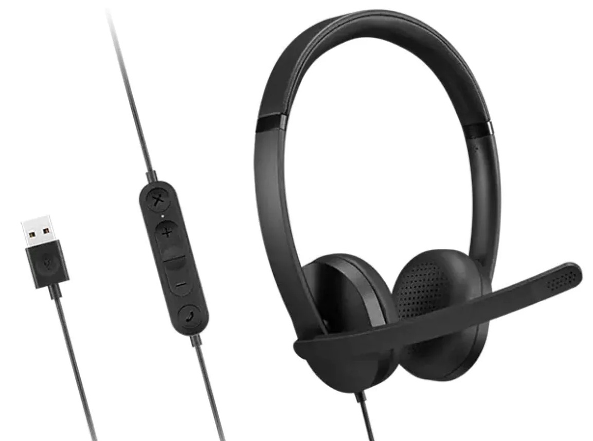 Diadema USB-A Biauricular / Lenovo 4XD1P83425 | 2605 – Lenovo 4XD1P83425 es una diadema diseñada para llamadas y música, conectividad alámbrica USB tipo A mediante cable dividido de 190 cm con caja de control para silenciar micrófono y ajustar volumen, fo