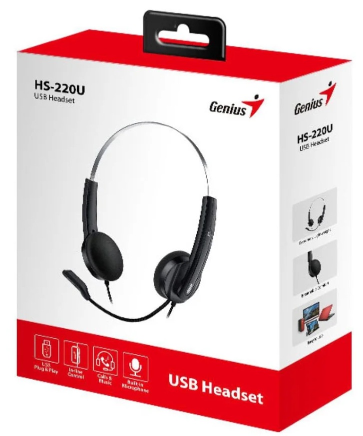 Diadema USB-A / Genius HS-220U 31710020402 | 2508 - Auriculares supraaurales con micrófono, diseñados para videollamadas, aprendizaje en línea o centros de atención. Puerto USB-A, Integrado, flexible y ajustable, Botón de silencio (mute) en el cable