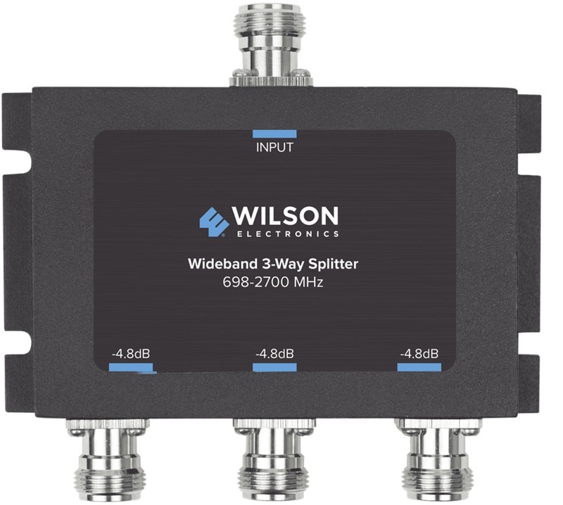 Divisor de 3 Salidas / WilsonPro 859-980 | 2503 Divisor de cable coaxial de 3 vias, Bandas: 698 ~ 2700MHz, Pérdida de inserción: -4.5 dB, VSWR: 1.4, Aislamiento: 20 dB, Conector: N-Hembra, Impedancia: 50 Ohm, Potencia: 50W, Estructura Microstrip 