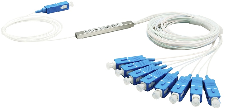 Tempo TM-PLC-1X8UPC / Divisor Óptico PLC 1x8 | 2506 - Splitter PLC de 1x8 de fibra óptica Fiberall, Entrada: Conector SC/UPC, Salidas: Conector SC/UPC, Tipo de Fibra: G.657.A, Longitud de Onda: 1260-1650 nm, Pérdida de Inserción Estándar: 10.7 dB