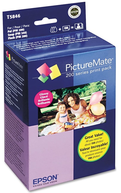 Kit de Papel & Tinta Epson T5846 | 2500 - Pack de Tinta + 150 Hojas Papel Fotográfico Brillante de 4 x 6'' para Impresoras Epson PictureMate PAL PM-200, PictureMate 100, PictureMate 240, PictureMate 260, PictureMate 280, PictureMate 310, PictureMate Dash